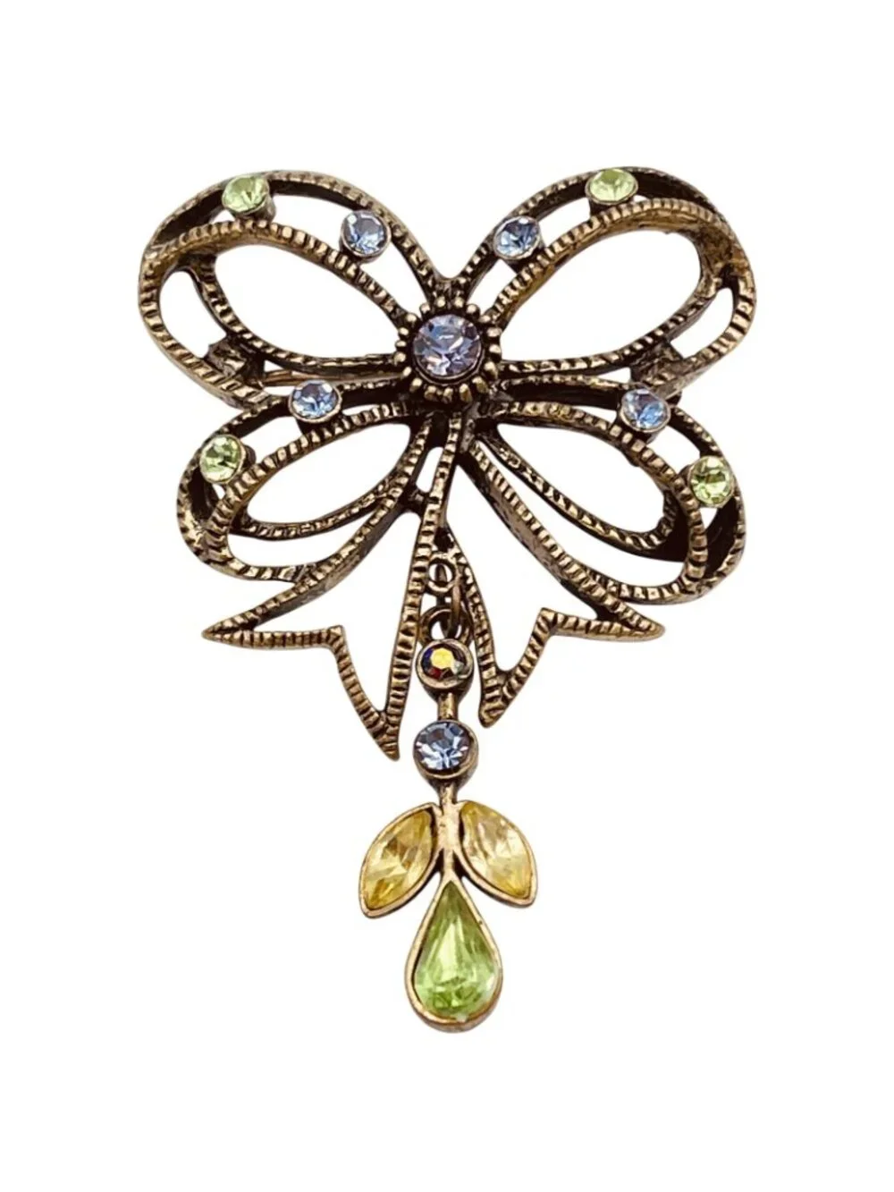 Vintage BOHO Bow Brooch Spring Green Purple Crystal Angel Fairy Whimsygoth 1960s